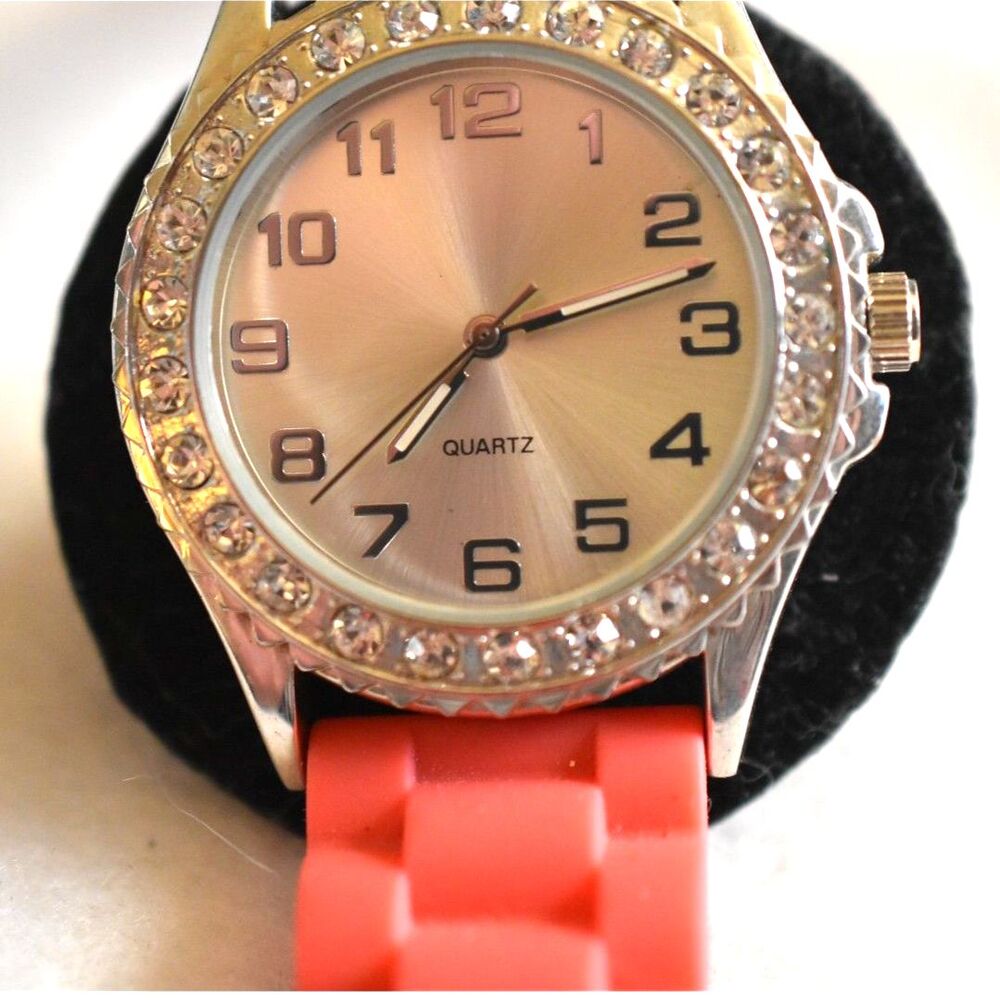 Fun Glitzy Silver Tone Rhinestone Accent Red Silicone Band New Battery Watch